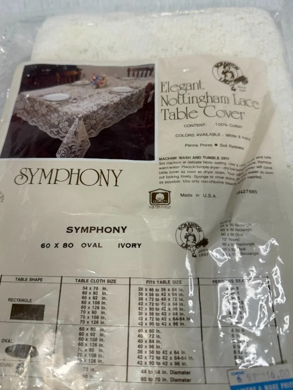 Scranton Lace Tablecloth NWT 60x80 Ivory Cotton Nottingham Vintage Symphony USA